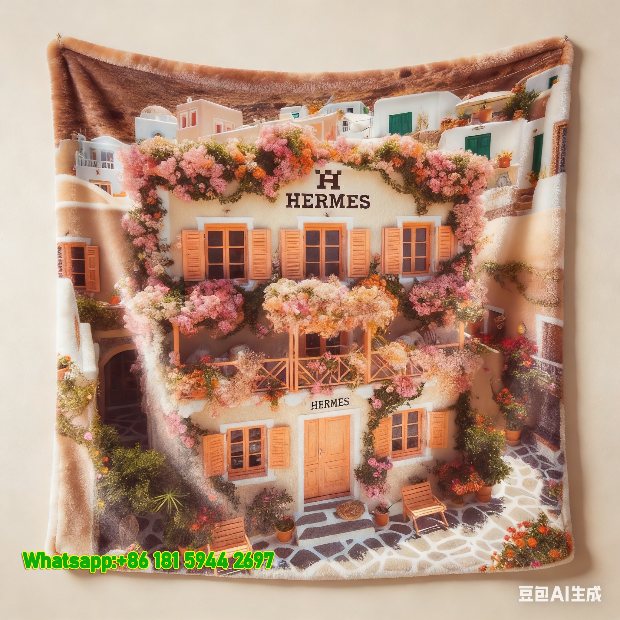Luxury Hermès Santorini Floral Villa Print Flannel Throw Blanket IMG_5191